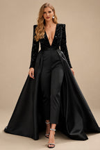Rutipo Black Jumpsuit/Pantsuit Plunge Neck Long Sleeves Detachable Satin/Velvet Sequin Wedding Dresses With Sequins