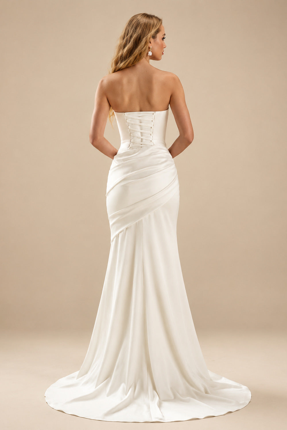 Rutipo Ivory Trumpet/Mermaid Strapless Sleeveless Sweep Train Crepe Satin Wedding Dresses