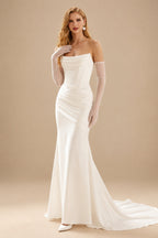 Rutipo Ivory Trumpet/Mermaid Strapless Sleeveless Sweep Train Crepe Satin Wedding Dresses