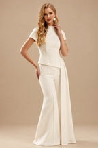 Rutipo Ivory Jumpsuit/Pantsuit High Neck Short Sleeves Floor-Length Elastic Satin Wedding Dresses With Sweeping Side Drape