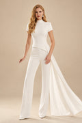Rutipo Ivory Jumpsuit/Pantsuit High Neck Short Sleeves Floor-Length Elastic Satin Wedding Dresses With Sweeping Side Drape
