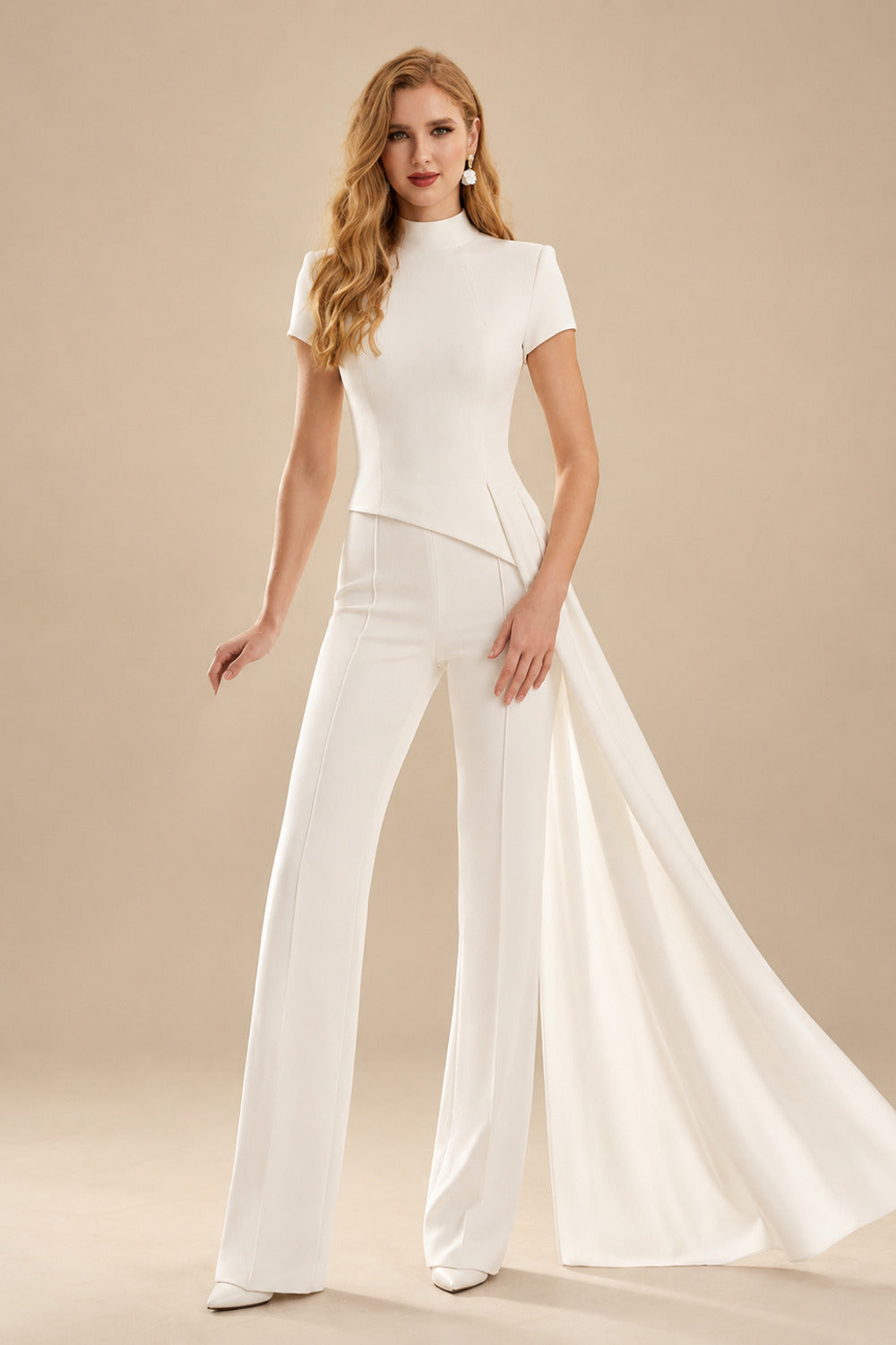 Rutipo Ivory Jumpsuit/Pantsuit High Neck Short Sleeves Floor-Length Elastic Satin Wedding Dresses With Sweeping Side Drape