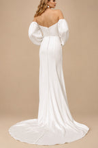 Rutipo Ivory Sheath/Column Cowl Neck Long Sleeves Court Train Charmeuse With High Split Wedding Dress