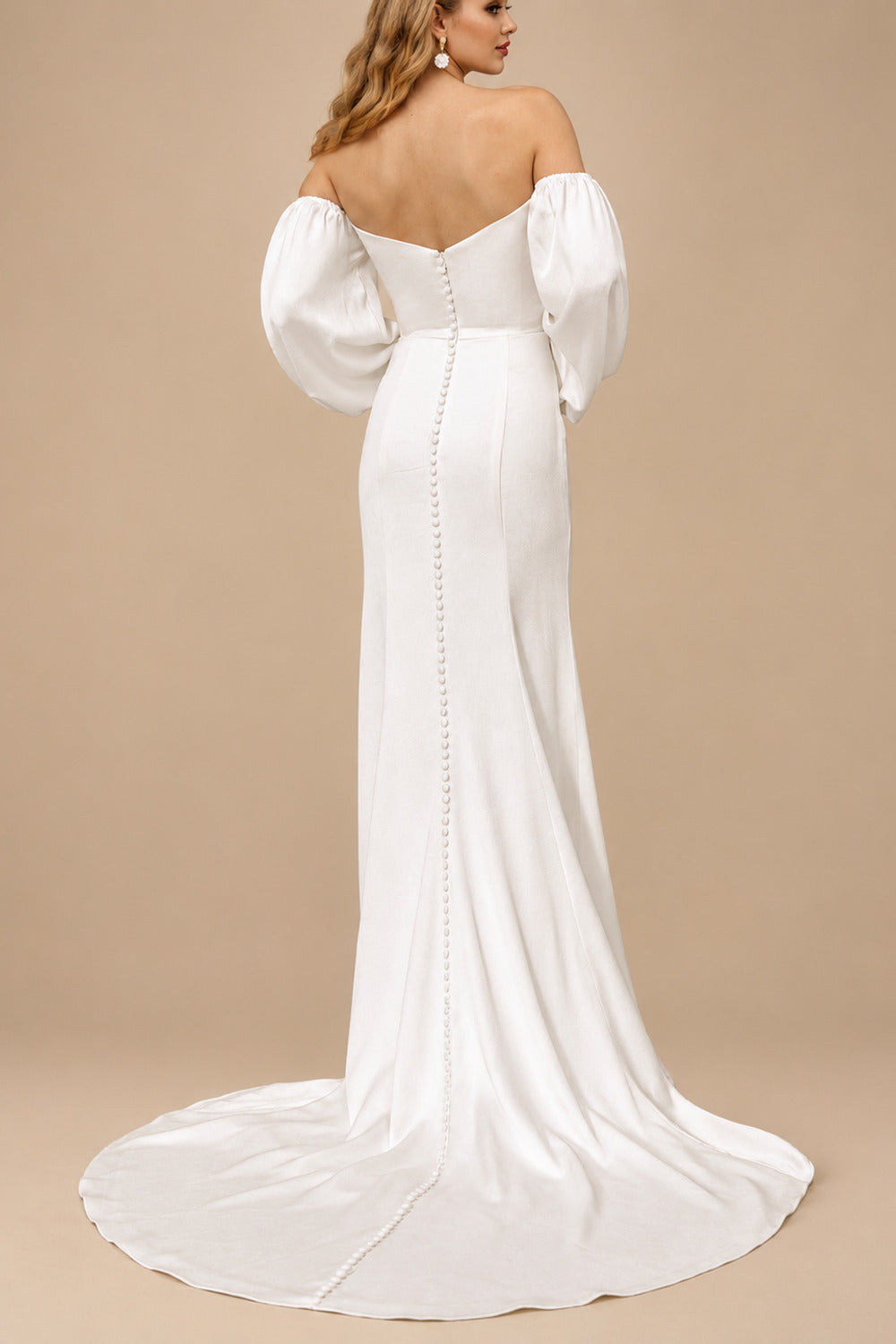 Rutipo Ivory Sheath/Column Cowl Neck Long Sleeves Court Train Charmeuse With High Split Wedding Dress
