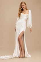 Rutipo Ivory Sheath/Column Cowl Neck Long Sleeves Court Train Charmeuse With High Split Wedding Dress