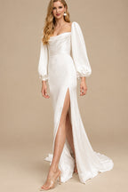 Rutipo Ivory Sheath/Column Cowl Neck Long Sleeves Court Train Charmeuse With High Split Wedding Dress