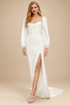 Rutipo Ivory Sheath/Column Cowl Neck Long Sleeves Court Train Charmeuse With High Split Wedding Dress