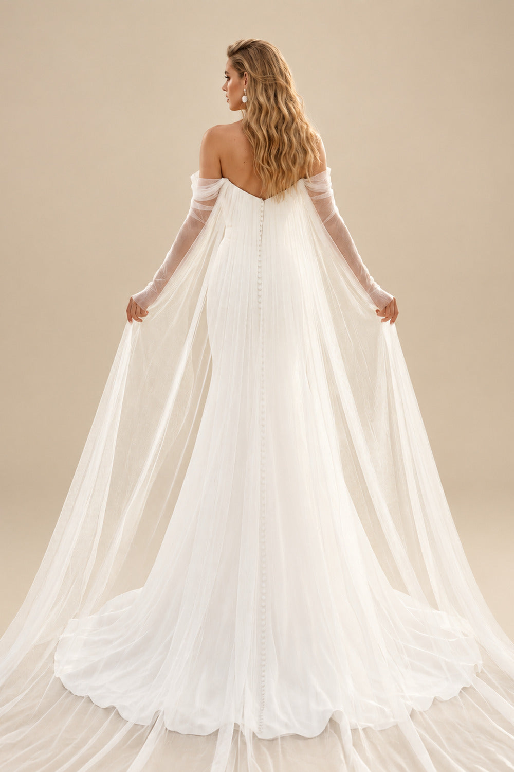 Rutipo Ivory Mermaid Off-The-Shoulder Long Sleeves Court Train Crepe Satin Detachable Shawl Wedding Dress