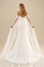 Rutipo Ivory Mermaid Off-The-Shoulder Long Sleeves Court Train Crepe Satin Detachable Shawl Wedding Dress