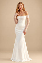 Rutipo Ivory Mermaid Off-The-Shoulder Long Sleeves Court Train Crepe Satin Detachable Shawl Wedding Dress
