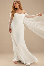 Rutipo Ivory Mermaid Off-The-Shoulder Long Sleeves Court Train Crepe Satin Detachable Shawl Wedding Dress