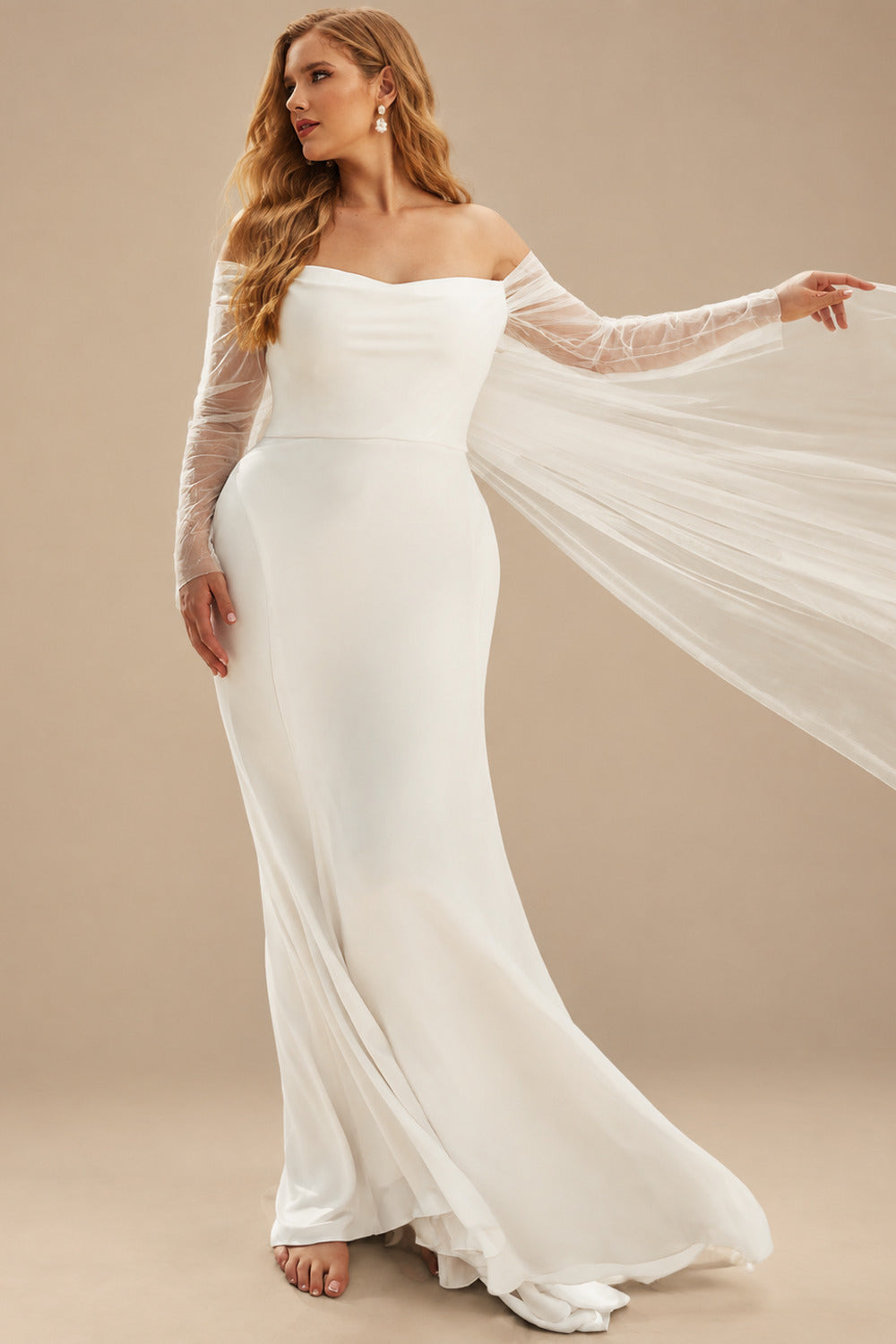 Rutipo Ivory Mermaid Off-The-Shoulder Long Sleeves Court Train Crepe Satin Detachable Shawl Wedding Dress
