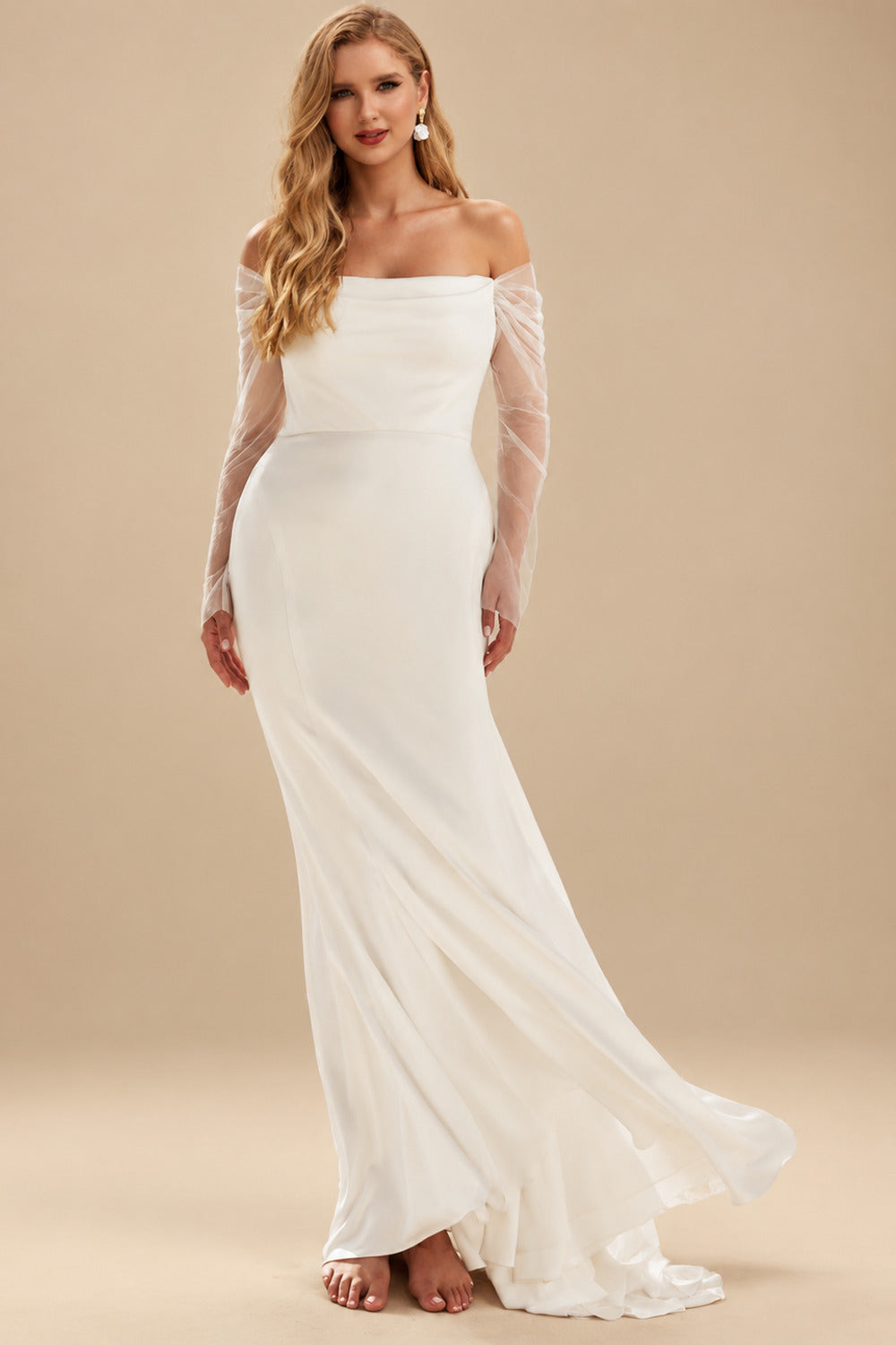 Rutipo Ivory Mermaid Off-The-Shoulder Long Sleeves Court Train Crepe Satin Detachable Shawl Wedding Dress