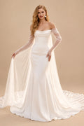 Rutipo Ivory Mermaid Off-The-Shoulder Long Sleeves Court Train Crepe Satin Detachable Shawl Wedding Dress