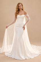 Rutipo Ivory Mermaid Off-The-Shoulder Long Sleeves Court Train Crepe Satin Detachable Shawl Wedding Dress