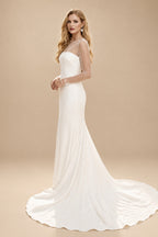 Rutipo Ivory Sheath/Column Scoop Neck Long Sleeves Sweep Train Crepe Satin With Beading Wedding Dress