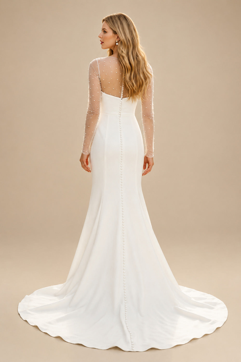 Rutipo Ivory Sheath/Column Scoop Neck Long Sleeves Sweep Train Crepe Satin With Beading Wedding Dress