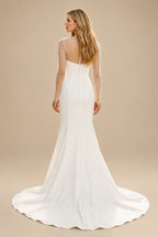 Rutipo Ivory Sheath/Column Scoop Neck Long Sleeves Sweep Train Crepe Satin With Beading Wedding Dress