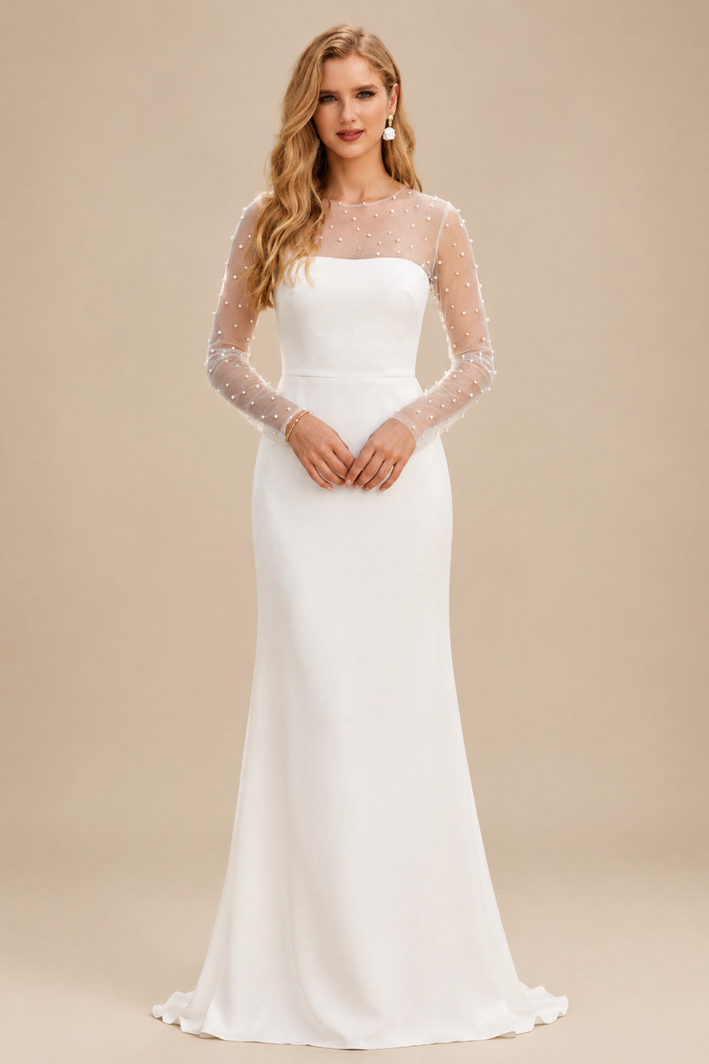 Rutipo Ivory Sheath/Column Scoop Neck Long Sleeves Sweep Train Crepe Satin With Beading Wedding Dress