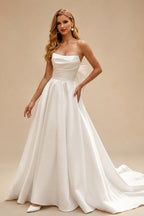 Rutipo White Ball-Gown Strapless Sleeveless Chapel Train Satin BRIDE With Bow Wedding Dress
