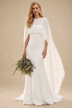 Rutipo Ivory Mermaid Scoop Neck Cape Sleeves Sweep Train Chiffon/Elastic Satin Wedding Dress