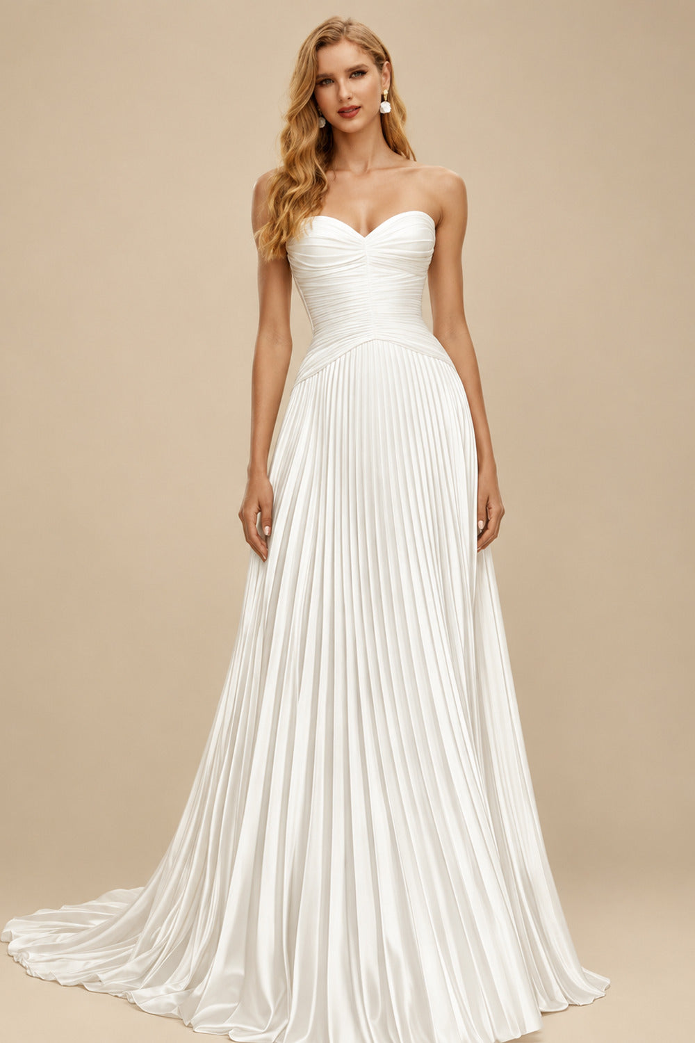 Rutipo Ivory A-Line Sweetheart Sleeveless Sweep Train Silk Like Satin Wedding Dress With Pleated