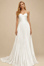 Rutipo Ivory A-Line Sweetheart Sleeveless Sweep Train Silk Like Satin Wedding Dress With Pleated