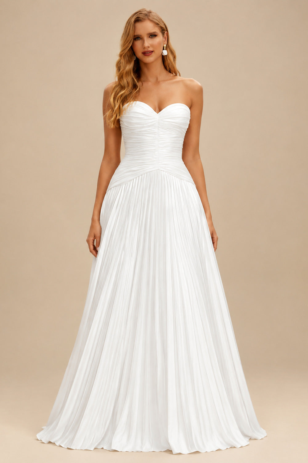 Rutipo Ivory A-Line Sweetheart Sleeveless Sweep Train Silk Like Satin Wedding Dress With Pleated