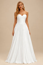 Rutipo Ivory A-Line Sweetheart Sleeveless Sweep Train Silk Like Satin Wedding Dress With Pleated