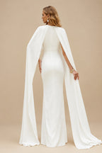 Rutipo Ivory Sheath/Column Scoop Neck Cape Sleeves Floor-Length Stretch Chiffon Wedding Dress