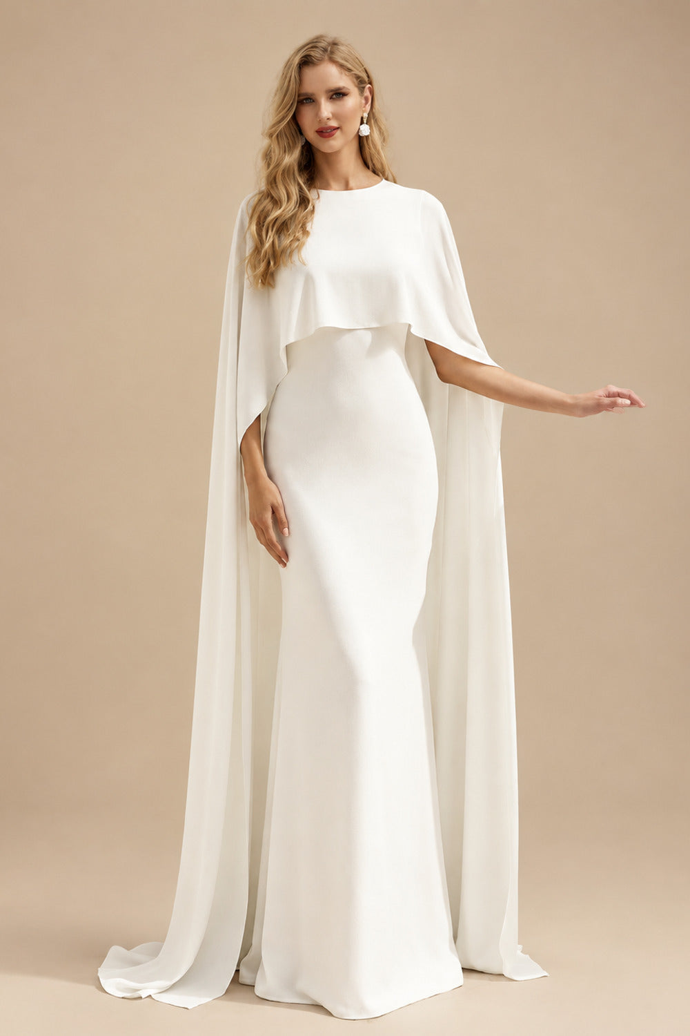 Rutipo Ivory Sheath/Column Scoop Neck Cape Sleeves Floor-Length Stretch Chiffon Wedding Dress