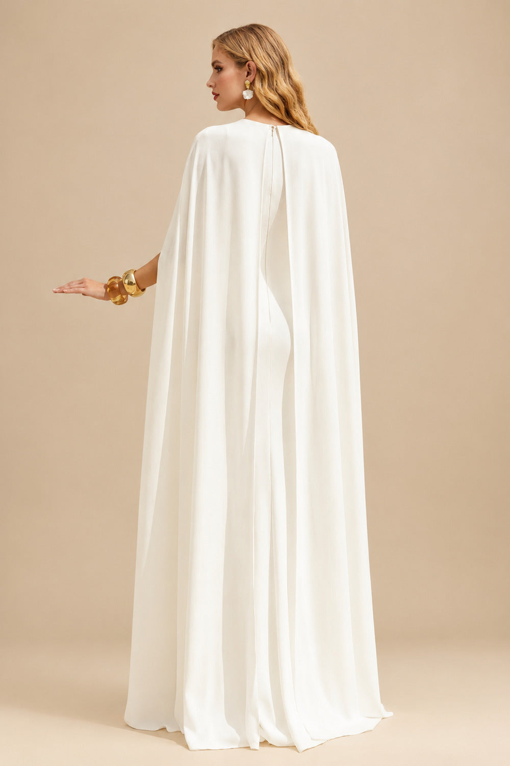 Rutipo Ivory Sheath/Column Scoop Neck Cape Sleeves Floor-Length Stretch Chiffon Wedding Dress