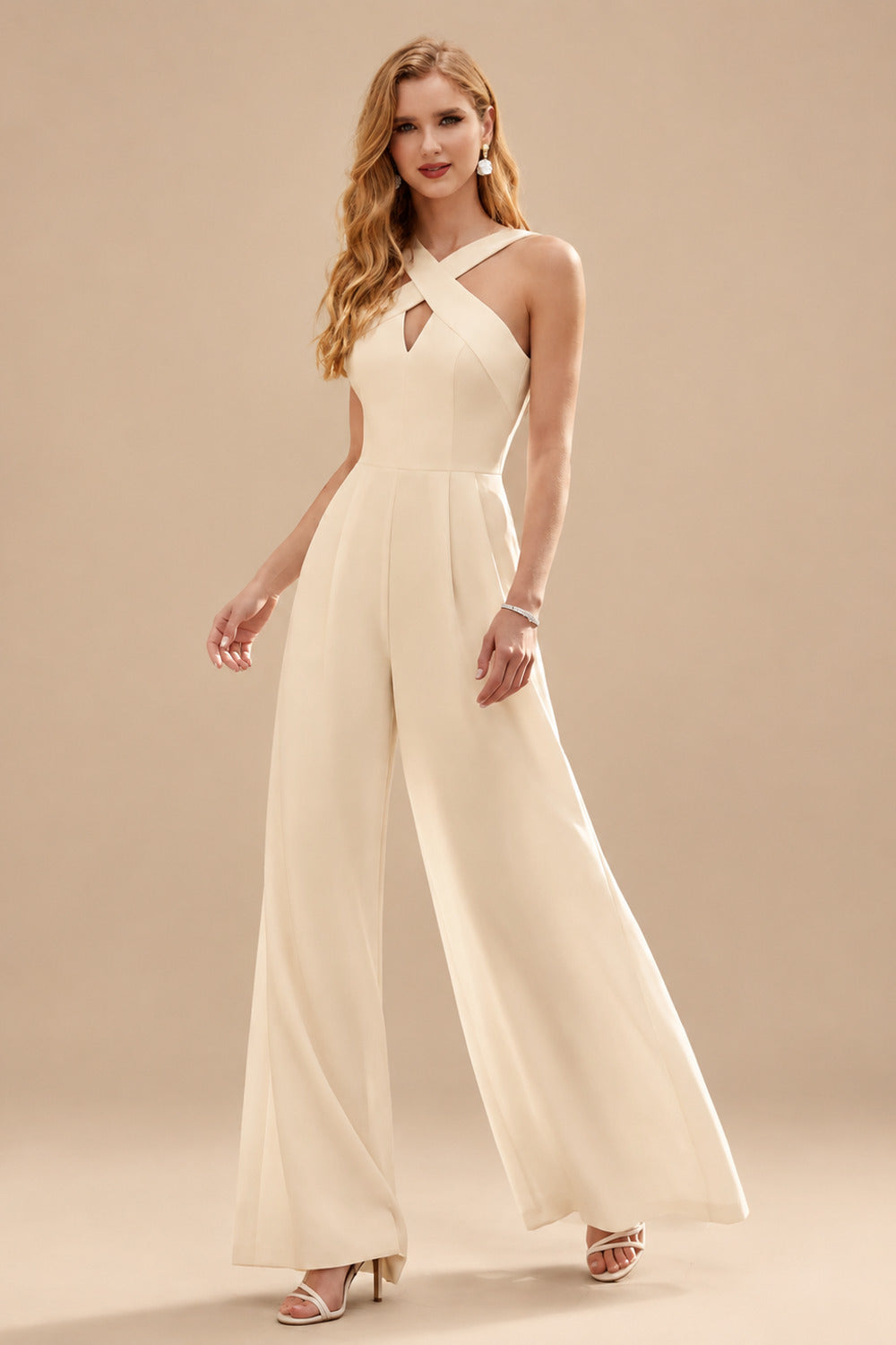 Rutipo Champagne Jumpsuit Pantsuit Sweetheart Sleeveless Floor-Length Elastic Satin Wedding Dresses