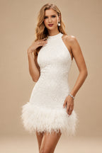 Rutipo Ivory Sheath/Column Halter Sleeveless Knee-Length Sequined Wedding Dress With Sequins