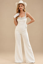 Rutipo Ivory Jumpsuit/Pantsuit Beading Square Neckline Sleeveless Floor-Length Elastic Satin Wedding Dress With Beading