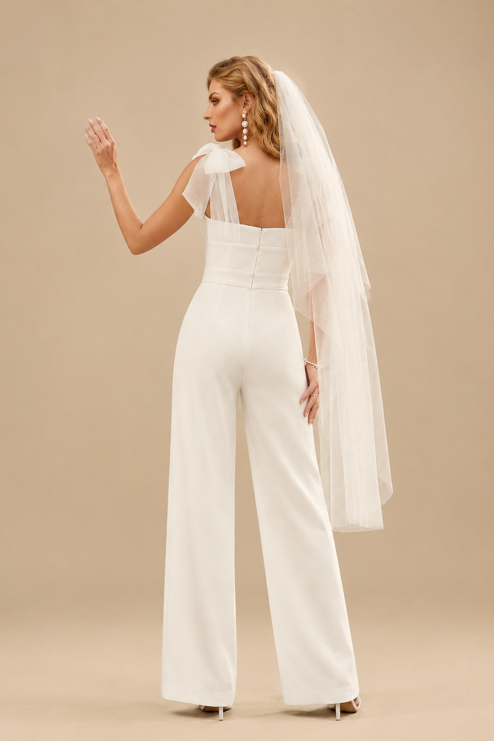 Rutipo Ivory Jumpsuit/Pantsuit Sweetheart Sleeveless Floor-Length Chiffon/Elastic Satin With Bow Wedding Dress