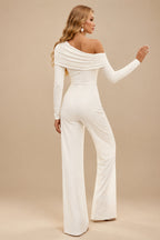 Rutipo Ivory Jumpsuit/Pantsuit Asymmetrical Long Sleeves Floor-Length Jersey Wedding Dress