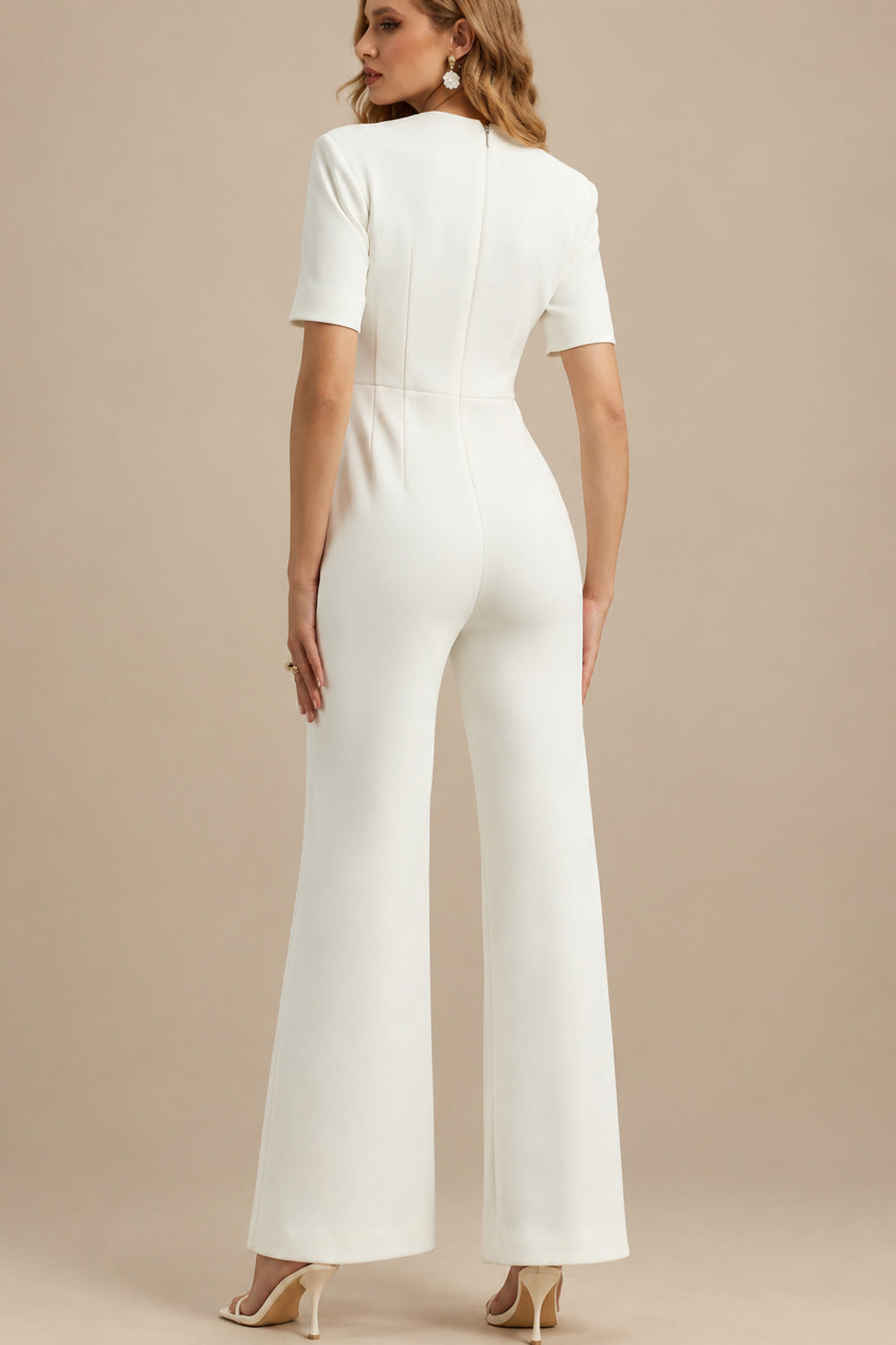 Rutipo Ivory Jumpsuit/Pantsuit Sweetheart Short Sleeves Floor-Length Elastic Satin Wedding Dress