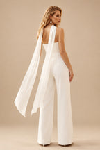 Rutipo Ivory Jumpsuit/Pantsuit Halter Sleeveless Floor-Length Chiffon/Elastic Satin Wedding Dress