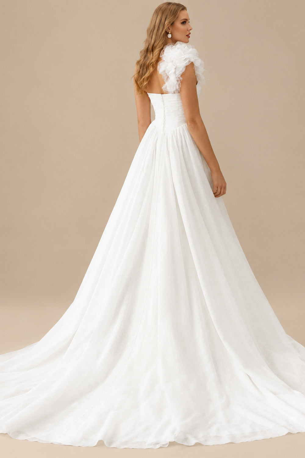 Rutipo Ivory Ball-Gown One-Shoulder Sleeveless Chapel Train Chiffon Wedding DressWith Pockets
