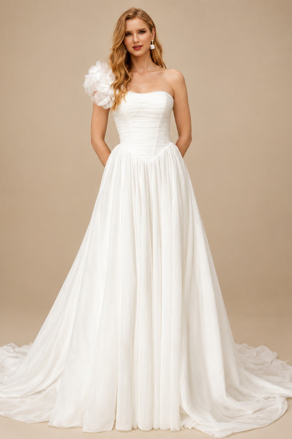Rutipo Ivory Ball-Gown One-Shoulder Sleeveless Chapel Train Chiffon Wedding DressWith Pockets