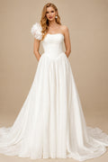 Rutipo Ivory Ball-Gown One-Shoulder Sleeveless Chapel Train Chiffon Wedding DressWith Pockets