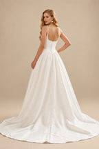 Rutipo Ivory Ball-Gown Square Neckline Sleeveless Court Train Satin With Pockets Wedding Dress