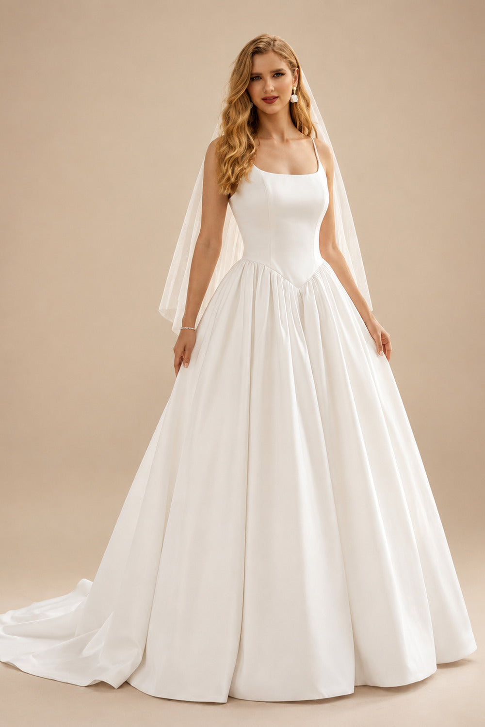 Rutipo Ivory Ball-Gown Square Neckline Sleeveless Court Train Satin With Pockets Wedding Dress