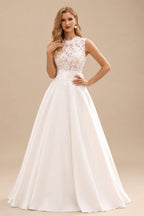 Rutipo Ivory Ball-Gown High Neck Sleeveless Chapel Train Lace With Bow /Pockets Wedding Dress