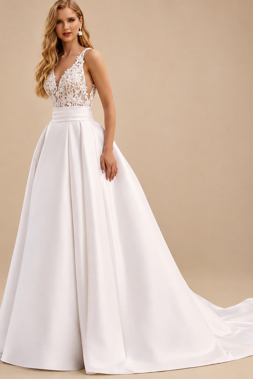 Rutipo As Picture Ball-Gown V-Neck Sleeveless Sweep Train Twill Satin Wedding Dresses With Appliques