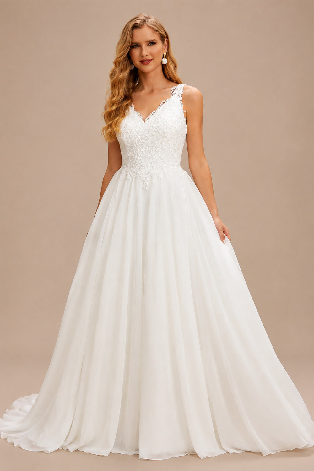 Rutipo Ivory A-Line V-Neck Sleeveless Floor-Length Chiffon/Lace With Lace Wedding Dress