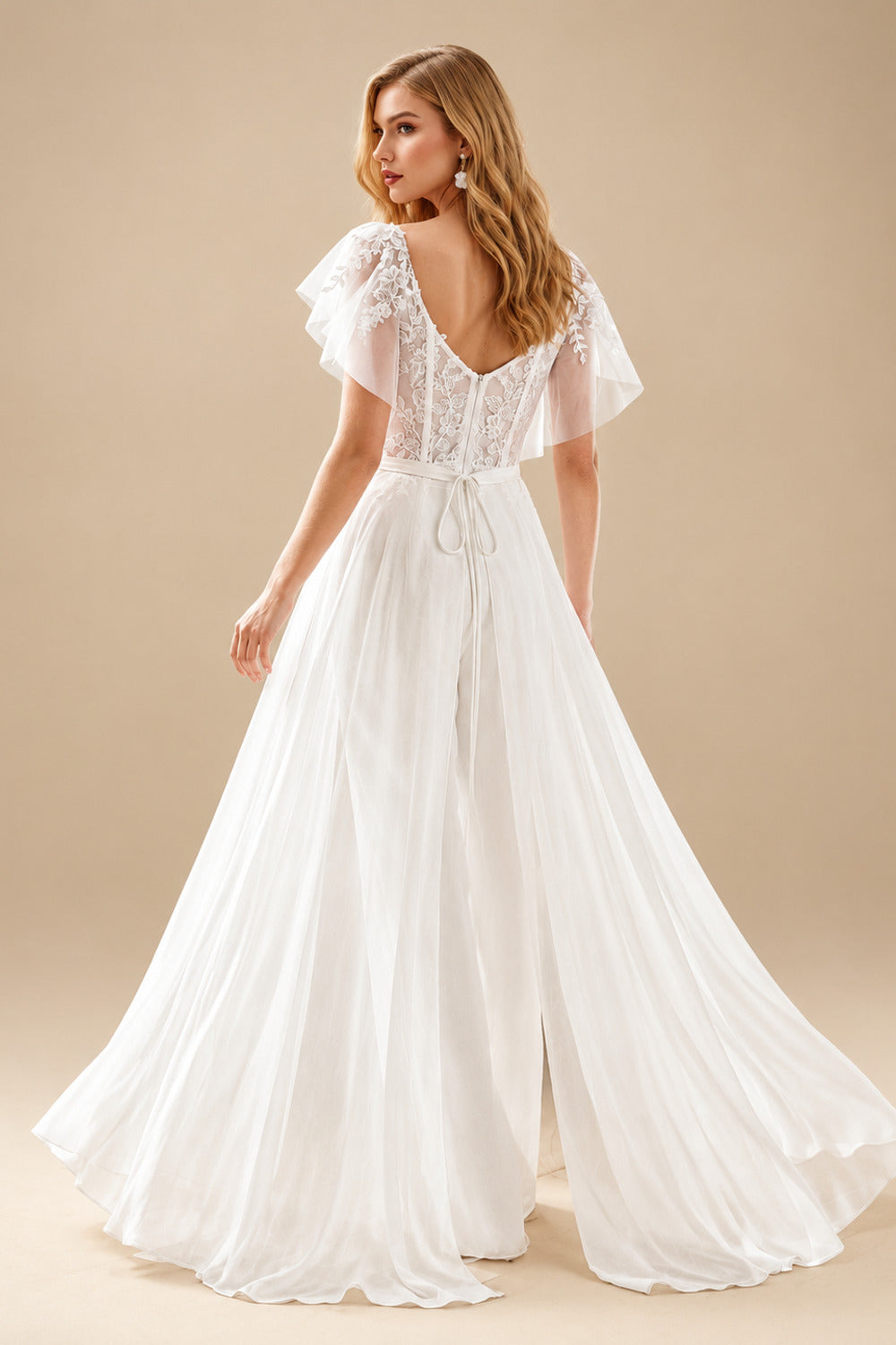 Rutipo Ivory Jumpsuit/Pantsuit Plunge Neck Cape Sleeves Detachable Chiffon Train/Lace Wedding Dress