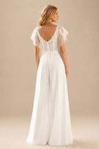 Rutipo Ivory Jumpsuit/Pantsuit Plunge Neck Cape Sleeves Detachable Chiffon Train/Lace Wedding Dress