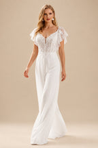 Rutipo Ivory Jumpsuit/Pantsuit Plunge Neck Cape Sleeves Detachable Chiffon Train/Lace Wedding Dress